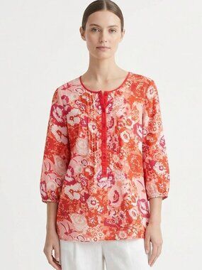 Liz Claiborne Blouse Red Floral Pintuck Peasant Festival Cottage M